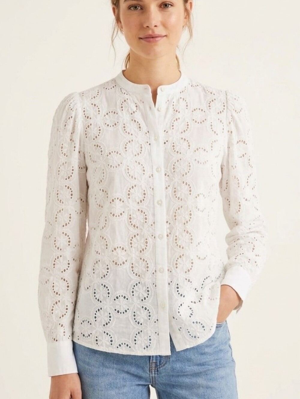 Boden Womens White Eyelet Cut Out Button Down Blouse Top US 2